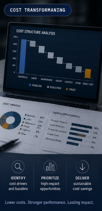 Transformation des coûts — analyse de la structure, leviers, opportunités d'économies ; Identifier, Prioriser, Livrer