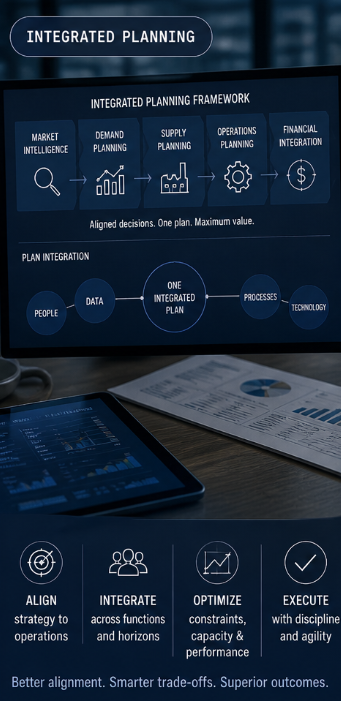 Planification intégrée — cadre, intégration des plans, quatre piliers : Aligner, Intégrer, Optimiser, Exécuter